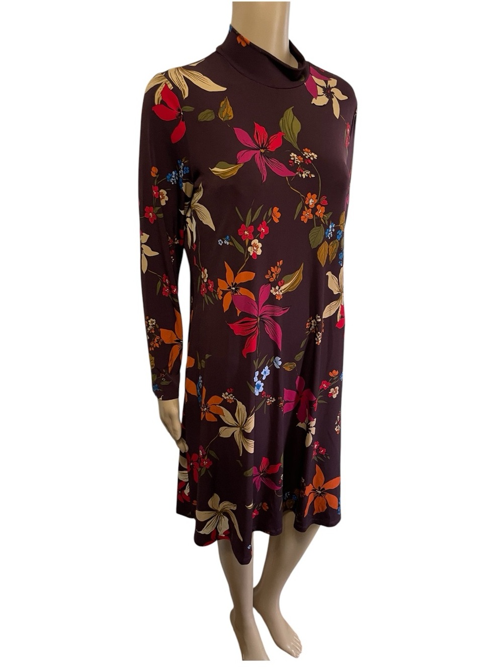 Susan Graver liquid knit mock neck mod retro floral fall dress long sleeve sz SP